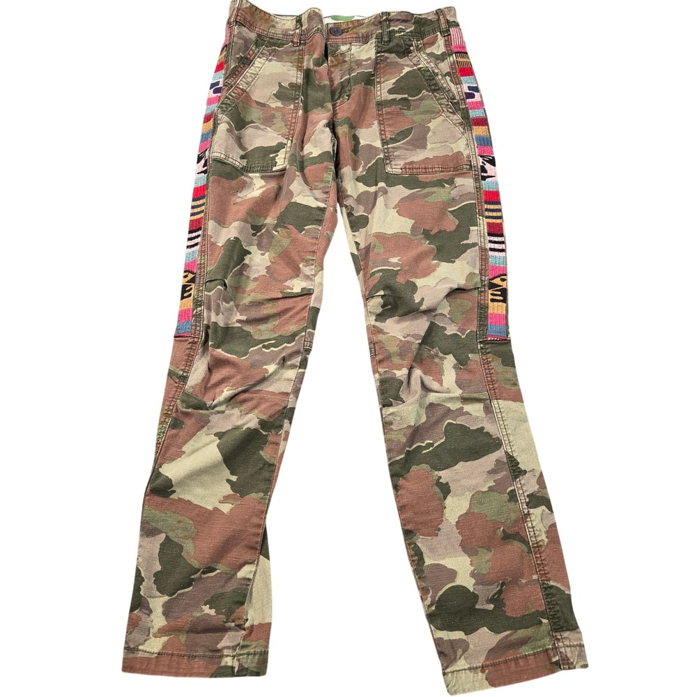 Anthropologie The Wanderer Cargo Pants Green Brown 25 Camo Embroidered Stripe
